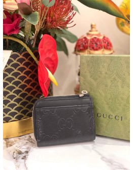 (LIKE NEW) GUCCI CARD AND COIN WALLET IN BLACK GG EMBOSSED PERFORATED LEATHER -FULL SET-