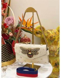 GUCCI NAPPA PEARL STUDDED QUEEN MARGARET BROADWAY BEE SHOULDER BAG IN OFF WHITE LEATHER 