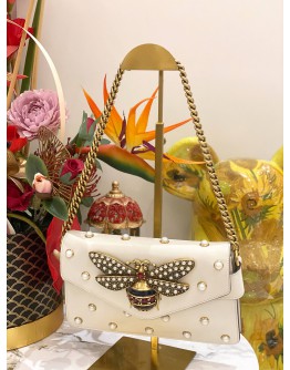 GUCCI NAPPA PEARL STUDDED QUEEN MARGARET BROADWAY BEE SHOULDER BAG IN OFF WHITE LEATHER 