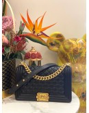 CHANEL MEDIUM BOY BLACK CAVIAR LEATHER MATTE GOLD HARDWARE CHAIN FLAP BAG 