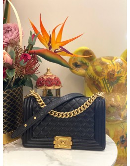 CHANEL MEDIUM BOY BLACK CAVIAR LEATHER MATTE GOLD HARDWARE CHAIN FLAP BAG 
