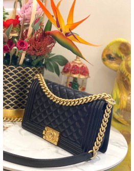 CHANEL MEDIUM BOY BLACK CAVIAR LEATHER MATTE GOLD HARDWARE CHAIN FLAP BAG 