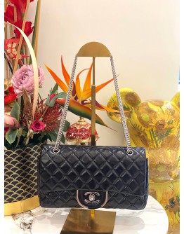 (LIKE NEW) CHANEL MEDIUM DOUBLE FLAP BAG IN BLACK LAMBSKIN LEATHER 