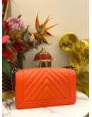 CHANEL MEDIUM BOY CORAL COLOR CHEVRON LAMBSKIN LEATHER RUTHENIUM HARDWARE
