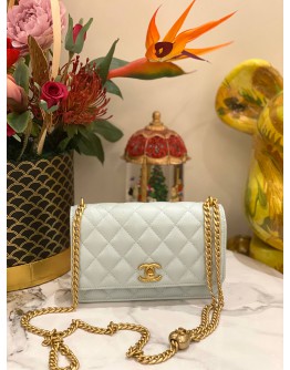 (LIKE NEW) 2024 MICROCHIP CHANEL WALLET ON CHAIN SWEETHEART LIGHT BLUE CAVIAR LEATHER BAG GHW