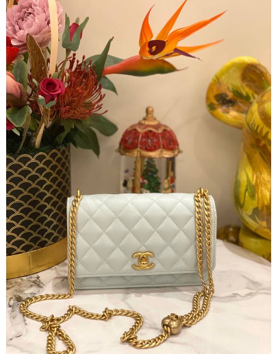 (LIKE NEW) 2024 MICROCHIP CHANEL WALLET ON CHAIN SWEETHEART LIGHT BLUE CAVIAR LEATHER BAG GHW