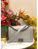 (LIKE NEW) CHANEL CHEVRON MEDIUM SILVER BOY CAVIAR LEATHER BAG SHW 