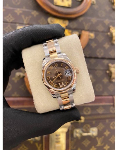 (LIKE NEW) 2012 ROLEX LADY DATEJUST REF 179161 HALF 18K 750 ROSE GOLD BROWN DIAMOND DIAL 26MM AUTOMATIC WATCH -FULL SET-