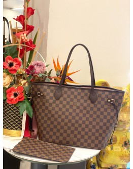 2022 MICROCHIP LOUIS VUITTON NEVERFULL MM WITH SMALL POUCH TOTE BAG IN BROWN DAMIER EBENE CANVAS