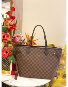 2022 MICROCHIP LOUIS VUITTON NEVERFULL MM WITH SMALL POUCH TOTE BAG IN BROWN DAMIER EBENE CANVAS