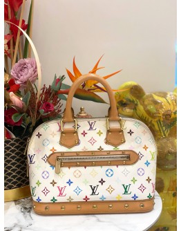 LOUIS VUITTON ALMA MM MULTICOLOR IN WHITE CANVAS GOLD HARDWARE DOUBLE ZIP CLOSURE HANDLE BAG