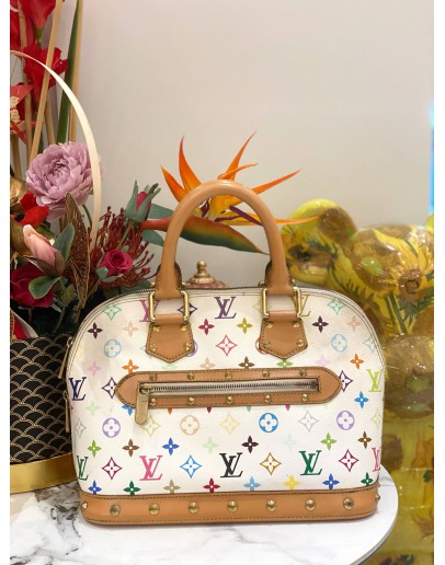 LOUIS VUITTON ALMA MM MULTICOLOR IN WHITE CANVAS GOLD HARDWARE DOUBLE ZIP CLOSURE HANDLE BAG