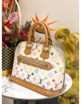 LOUIS VUITTON ALMA MM MULTICOLOR IN WHITE CANVAS GOLD HARDWARE DOUBLE ZIP CLOSURE HANDLE BAG