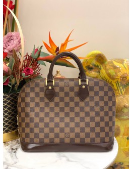 (LIKE NEW) LOUIS VUITTON ALMA MM BROWN DAMIER EBENE CANVAS GOLD HARDWARE DOUBLE ZIP CLOSURE HANDLE BAG