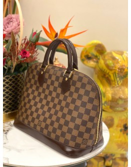 (LIKE NEW) LOUIS VUITTON ALMA MM BROWN DAMIER EBENE CANVAS GOLD HARDWARE DOUBLE ZIP CLOSURE HANDLE BAG