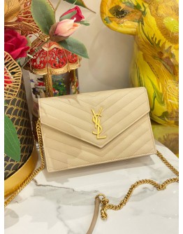 (LIKE NEW) YSL SAINT LAURENT MATELASSE LEATHER ENVELOPE WALLET ON CHAIN 