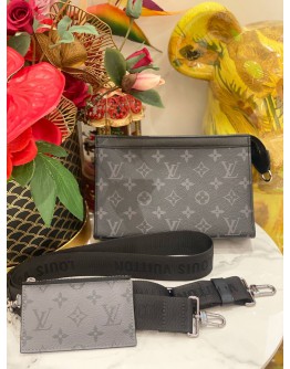 (LIKE NEW) MICROCHIP LOUIS VUITTON GASTON WEARABLE WALLET WITH ADJUSTABLE STRAP IN BLACK MONOGRAM ECLIPSE CANVAS -FULL SET-