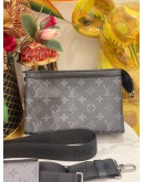 (LIKE NEW) MICROCHIP LOUIS VUITTON GASTON WEARABLE WALLET WITH ADJUSTABLE STRAP IN BLACK MONOGRAM ECLIPSE CANVAS -FULL SET-
