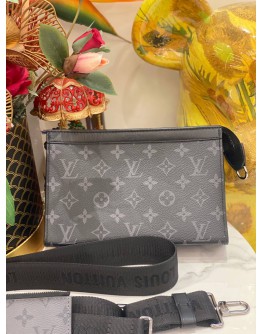 (LIKE NEW) MICROCHIP LOUIS VUITTON GASTON WEARABLE WALLET WITH ADJUSTABLE STRAP IN BLACK MONOGRAM ECLIPSE CANVAS -FULL SET-