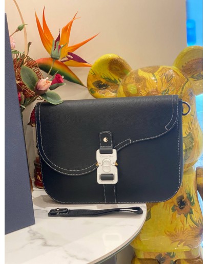 (BRAND NEW) CHRISTIAN DIOR MEDIUM SADDLE MESSENGER BAG WITH FLAP BLACK GRAINED CALFSKIN 