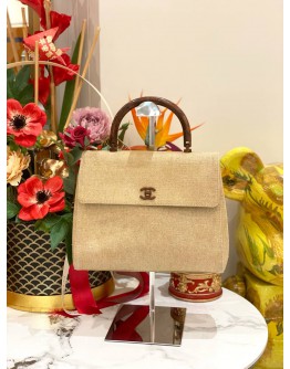 CHANEL VINTAGE BEIGE CANVAS TOP HANDLE BAG 