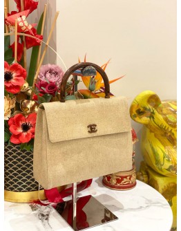 CHANEL VINTAGE BEIGE CANVAS TOP HANDLE BAG 
