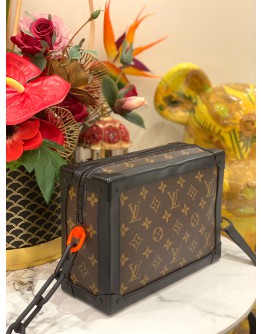 (LIKE NEW) LOUIS VUITTON SOFT TRUNK CROSSBODY BAG IN BROWN MONOGRAM CANVAS AND BLACK COWHIDE LEATHER 