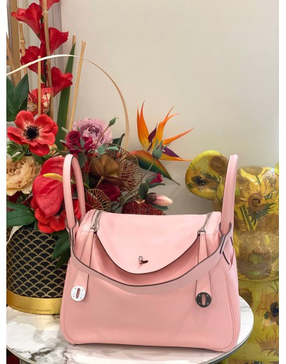 (LIKE NEW) HERMES LINDY 30 ROSE SAKURA IN VEAU SWIFT PHW STAMP X -FULL SET- 