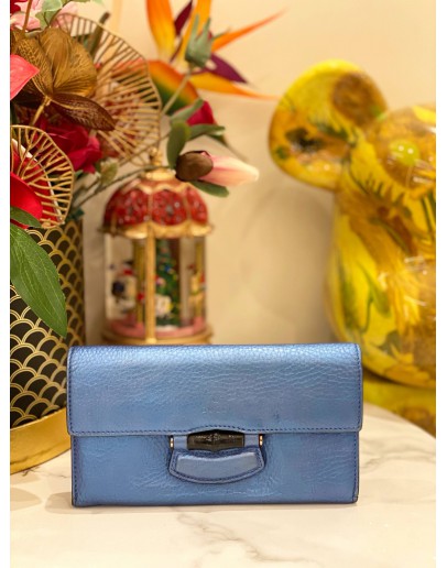 GUCCI BLUE LEATHER BAMBOO WALLET
