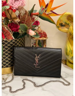 (LIKE NEW) YSL SAINT LAURENT CASSANDRA LEATHER CHAIN WALLET IN BLACK GHW