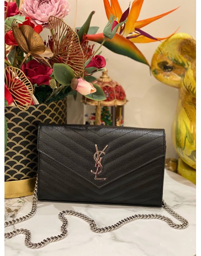 (LIKE NEW) YSL SAINT LAURENT CASSANDRA LEATHER CHAIN WALLET IN BLACK GHW