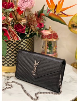 (LIKE NEW) YSL SAINT LAURENT CASSANDRA LEATHER CHAIN WALLET IN BLACK GHW