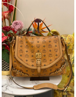(LIKE NEW) MCM TOP HANDLE BAG IN BROWN VISETOS LEATHER WITH STRAP