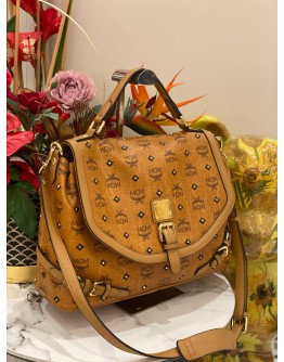 (LIKE NEW) MCM TOP HANDLE BAG IN BROWN VISETOS LEATHER WITH STRAP