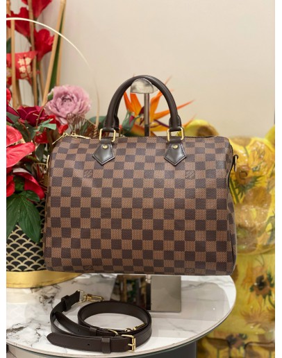 (LIKE NEW) LOUIS VUITTON SPEEDY 30 DAMIER EBENE CANVAS HANDLE BAG WITH STRAP 