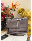 (LIKE NEW)  YSL SAINT LAURENT SUNSET LARGE IN DARK BROWN CROCODILE EMBOSSED LEATHER SILVER HARDWARE -FULL SET-