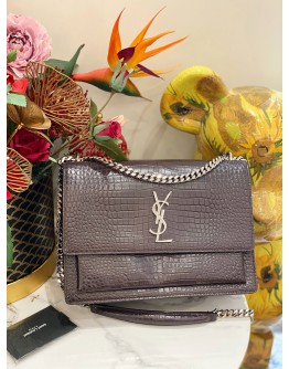 (LIKE NEW)  YSL SAINT LAURENT SUNSET LARGE IN DARK BROWN CROCODILE EMBOSSED LEATHER SILVER HARDWARE -FULL SET-