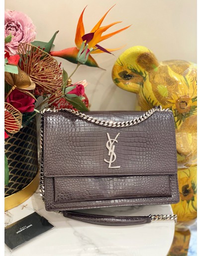 (LIKE NEW)  YSL SAINT LAURENT SUNSET LARGE IN DARK BROWN CROCODILE EMBOSSED LEATHER SILVER HARDWARE -FULL SET-
