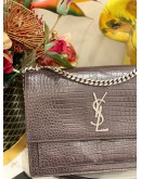 (LIKE NEW)  YSL SAINT LAURENT SUNSET LARGE IN DARK BROWN CROCODILE EMBOSSED LEATHER SILVER HARDWARE -FULL SET-