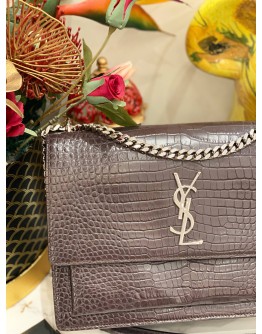 (LIKE NEW)  YSL SAINT LAURENT SUNSET LARGE IN DARK BROWN CROCODILE EMBOSSED LEATHER SILVER HARDWARE -FULL SET-