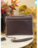 (LIKE NEW)  YSL SAINT LAURENT SUNSET LARGE IN DARK BROWN CROCODILE EMBOSSED LEATHER SILVER HARDWARE -FULL SET-