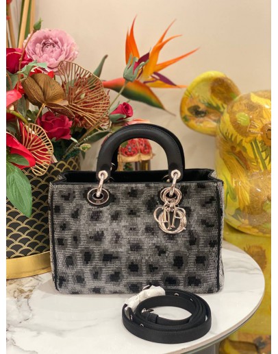 (LIKE NEW) CHRISTIAN DIOR WOOL SEQUIN LEOPARD LADY DIOR BAG 