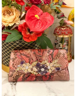 JUDITH LEIBER EXPLORES CRYSTAL AND EXOTICE IN MUTICOLOR PYTHON LEATHER DINNER CLUTCH