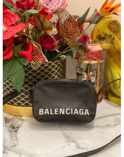 BALENCIAGA XS LOGO VILLE BLACK LEATHER CAMERA CROSSBODY BAG 