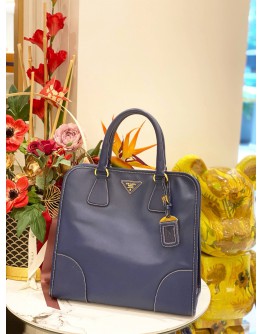 PRADA BLUE SAFFAINO LUX LEATHER TOTE BAG WITH STRAP