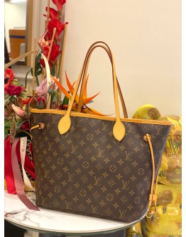 (LIKE NEW) LOUIS VUITTON NEVERFULL MM BROWN MONOGRAM CANVAS WITH BEIGE LEATHER TRIM TOTE BAG
