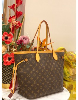 (LIKE NEW) LOUIS VUITTON NEVERFULL MM BROWN MONOGRAM CANVAS WITH BEIGE LEATHER TRIM TOTE BAG