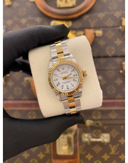 ROLEX OYSTER PERPETUAL 26 REF 67193 HALF 18K 750 YELLOW GOLD WHITE ROMAN NUMERALS DIAL 26MM AUTOMATIC WATCH -FULL SET-