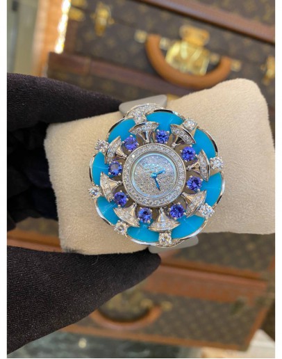 2023 BLVGARI DIVAS DREAM SAPPHIRE TURQUOISE DIAMOND DIAL 39MM QUARTZ FULL WHITE GOLD GLOBAL 50 YEAR WARRANTY FULL SET