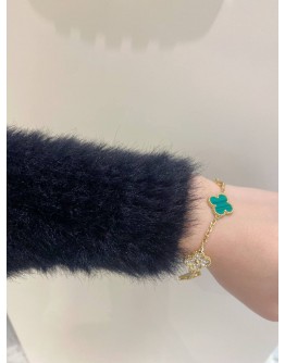 (BRAND NEW) 2024 VCA VAN CLEEF & ARPELS VINTAGE ALHAMBRA BRACELET 5 MOTIFS 18K 750 YELLOW GOLD WITH DIAMONDS & TURQUOISE MALACHITE -FULL SET-